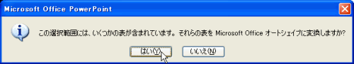 この選択範囲には、いくつかの表が含まれています。これらの表を Microsoft Office オートシェイプに変換しますか?