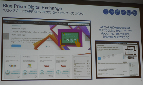 「Blue Prism Digital Exchange」は顧客がほしい機能をダウンロードできるものだ。たとえば、Blue Prismを介してMicrosoftのBIツールを利用できるようになる