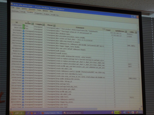 Oracel Database Firewallの定義画面。許可するSQL文を定義し(緑のマーク)、それ以外のすべてを拒否する設定